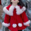 Stylish Red Fur Collar Patchwork Warm Fleece Girls Woolen Coats Spring