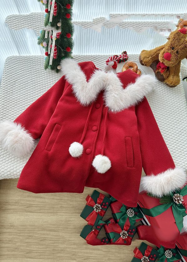 Stylish Red Fur Collar Patchwork Warm Fleece Girls Woolen Coats Spring - Image 5