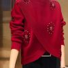 Stylish Red Hign Neck Nail Bead Woolen Knit Pullover Spring