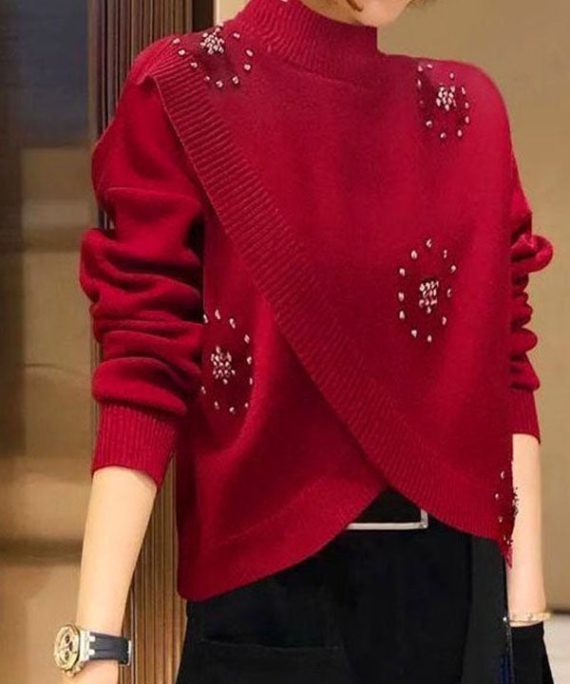 Stylish Red Hign Neck Nail Bead Woolen Knit Pullover Spring