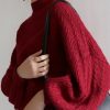 Stylish Red Hign Neck Patchwork Knit Sweater Lantern Sleeve