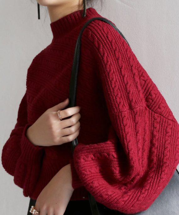 Stylish Red Hign Neck Patchwork Knit Sweater Lantern Sleeve