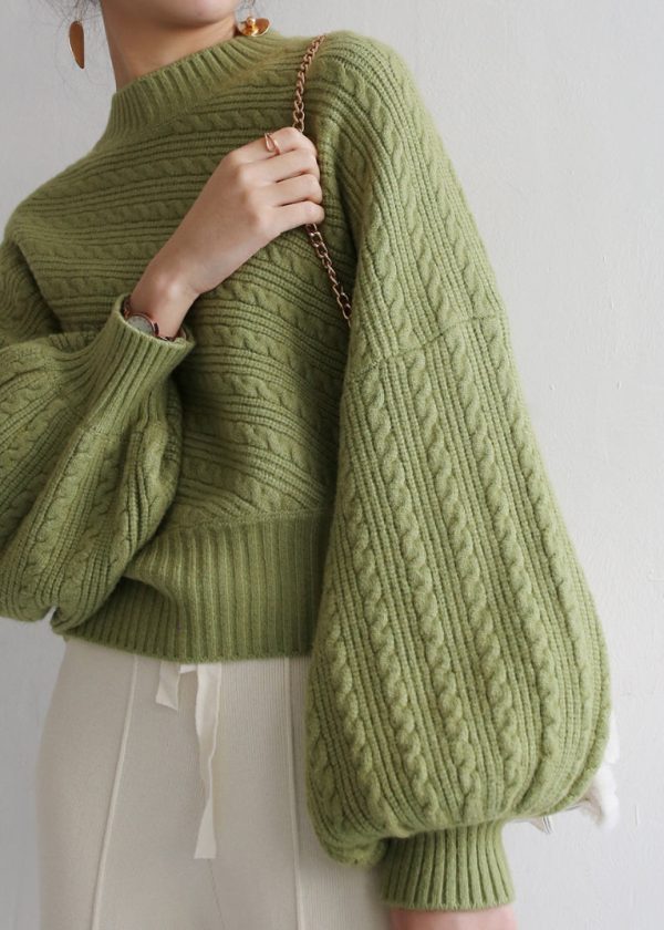 Stylish Red Hign Neck Patchwork Knit Sweater Lantern Sleeve - Image 2