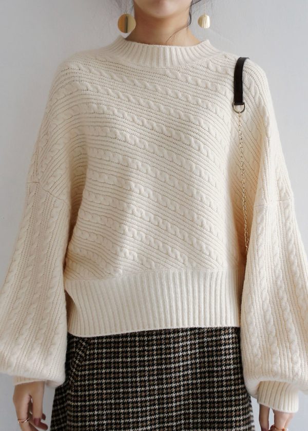Stylish Red Hign Neck Patchwork Knit Sweater Lantern Sleeve - Image 3