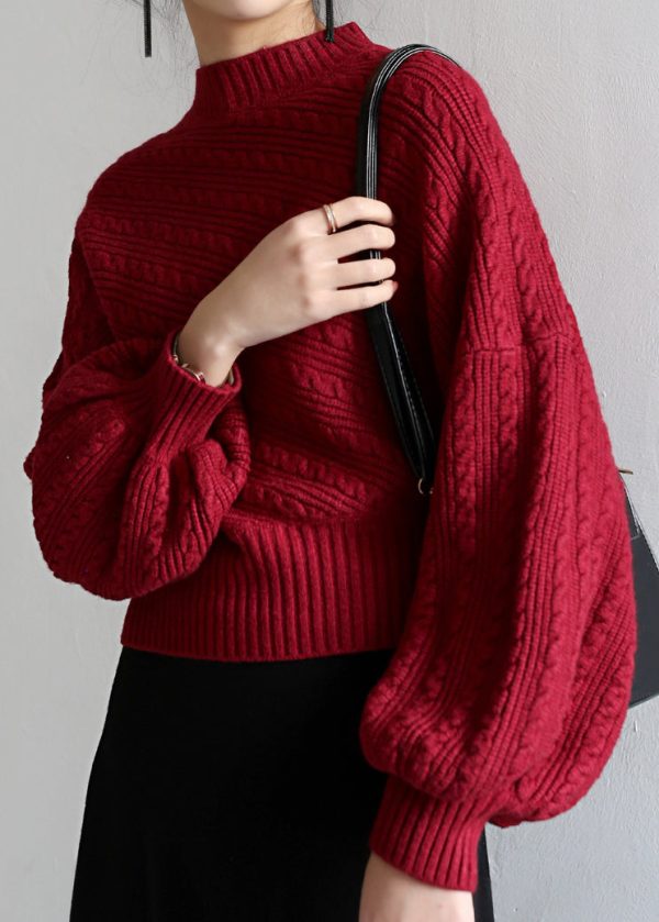 Stylish Red Hign Neck Patchwork Knit Sweater Lantern Sleeve - Image 4