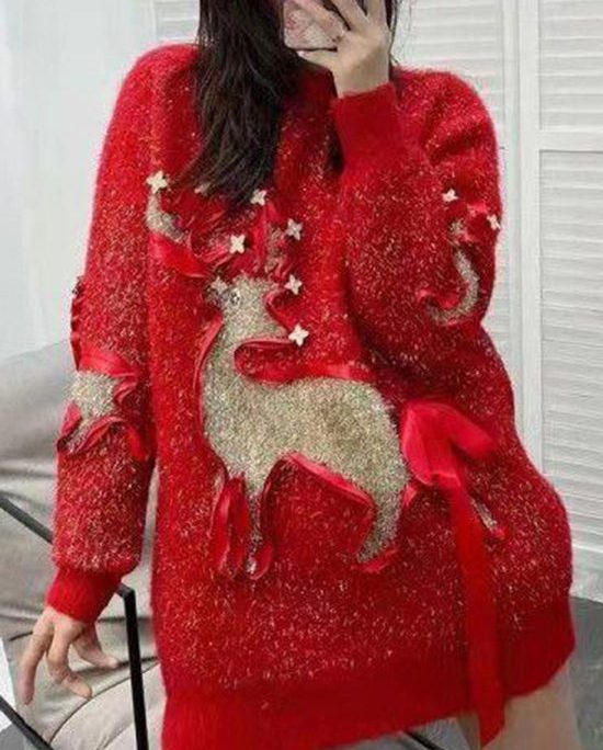 Stylish Red O Neck Patch Loose Knit Sweaters Spring