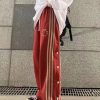 Stylish Red Pockets Striped Patchwork Side Open Cotton Men Pants Fall