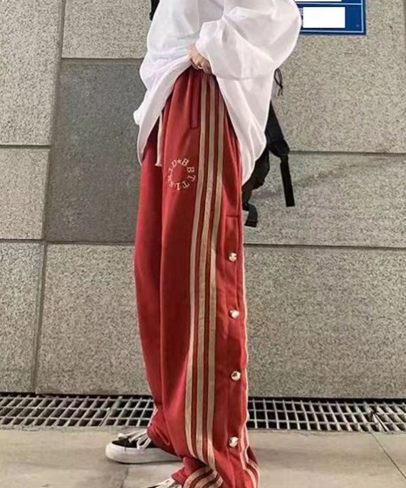 Stylish Red Pockets Striped Patchwork Side Open Cotton Men Pants Fall