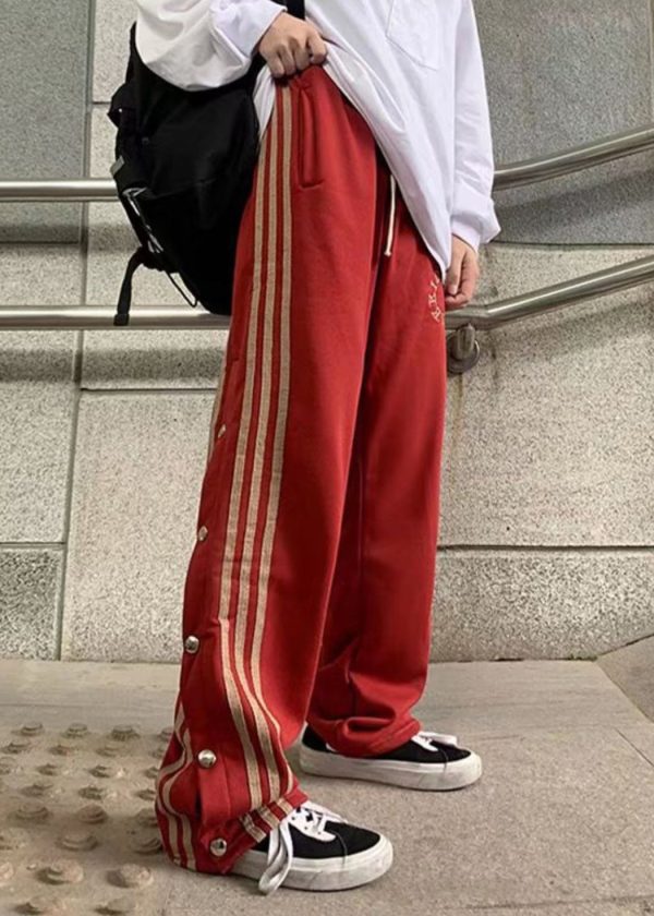 Stylish Red Pockets Striped Patchwork Side Open Cotton Men Pants Fall - Image 3