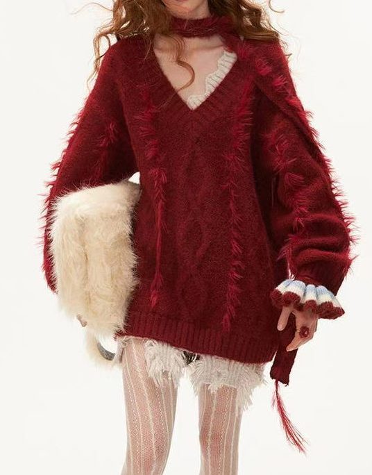 Stylish Red V Neck Tassel Knitted Sweaters Tops Spring
