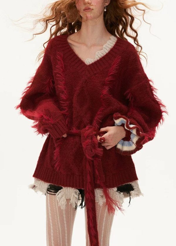 Stylish Red V Neck Tassel Knitted Sweaters Tops Spring - Image 2