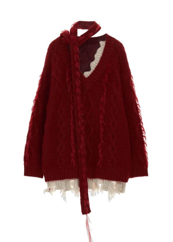Stylish Red V Neck Tassel Knitted Sweaters Tops Spring - Image 5