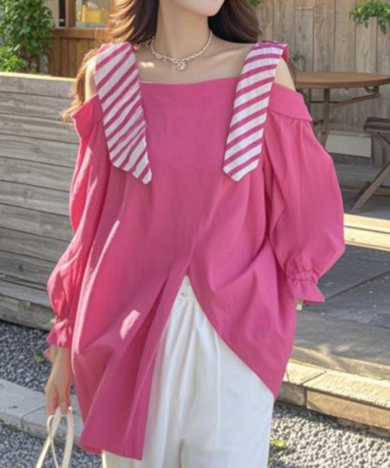 Stylish Rose Side Open False Two Pieces Cotton Shirt Spring