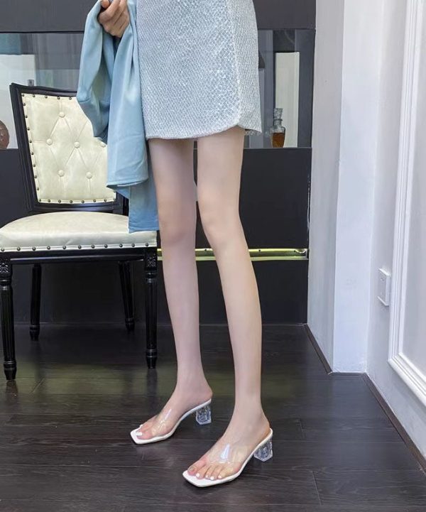 Stylish Silver Transparent Chunky Heel Crystal Slide Sandals - Image 3