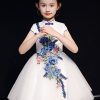 Stylish White Embroideried Button Tulle Girls Long Dress Summer