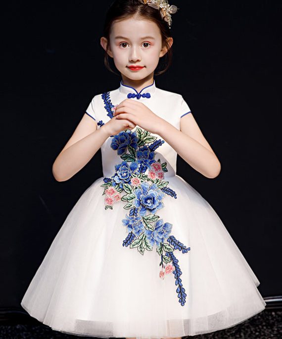 Stylish White Embroideried Button Tulle Girls Long Dress Summer