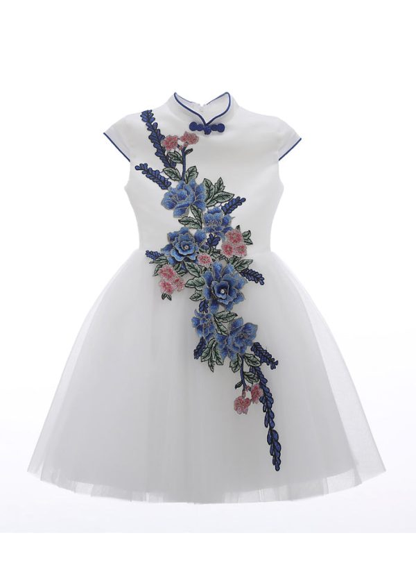 Stylish White Embroideried Button Tulle Girls Long Dress Summer - Image 5