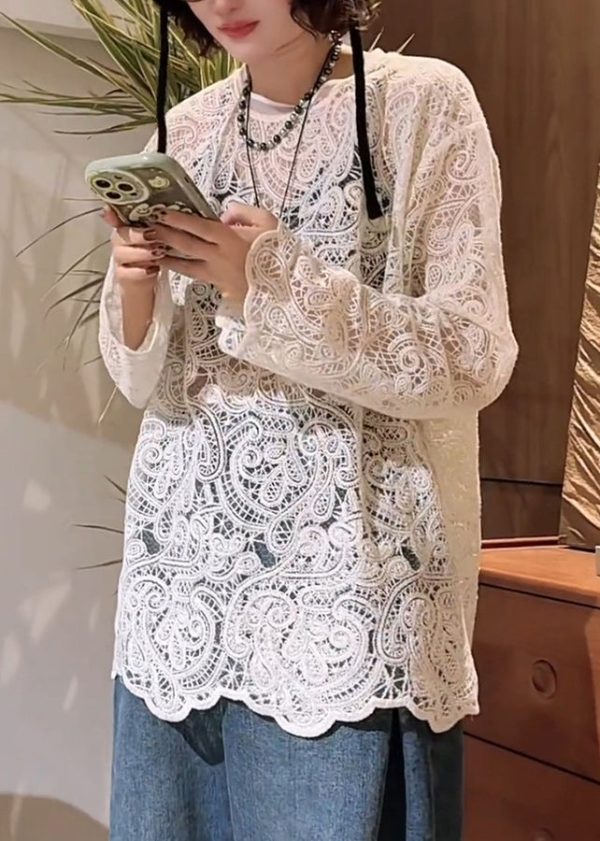 Stylish White O-Neck Hollow Out Lace T Shirt Spring - Image 4
