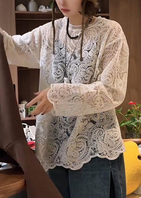Stylish White O-Neck Hollow Out Lace T Shirt Spring - Image 5