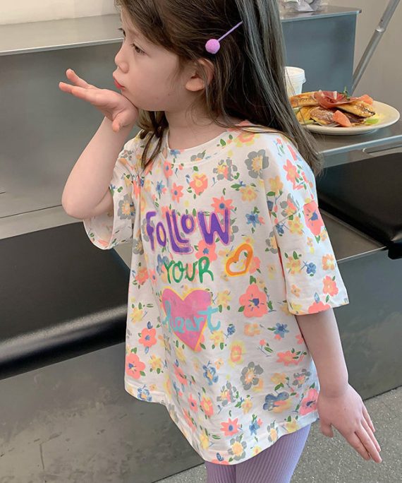 Stylish White O-Neck Print Girls T Shirt Short Sleeve