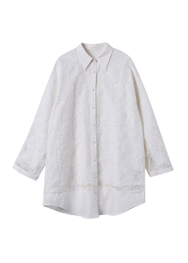 Stylish White Peter Pan Collar Embroidered Cotton Shirts Coat Spring - Image 5