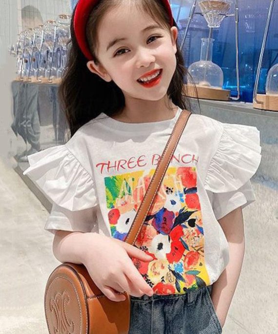 Stylish White Ruffled Print Cotton Girls T Shirt Summer