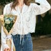 Stylish White V Neck Lace Up Hollow Out Cotton Shirt Spring