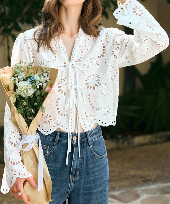 Stylish White V Neck Lace Up Hollow Out Cotton Shirt Spring