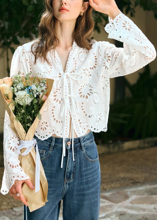 Stylish White V Neck Lace Up Hollow Out Cotton Shirt Spring