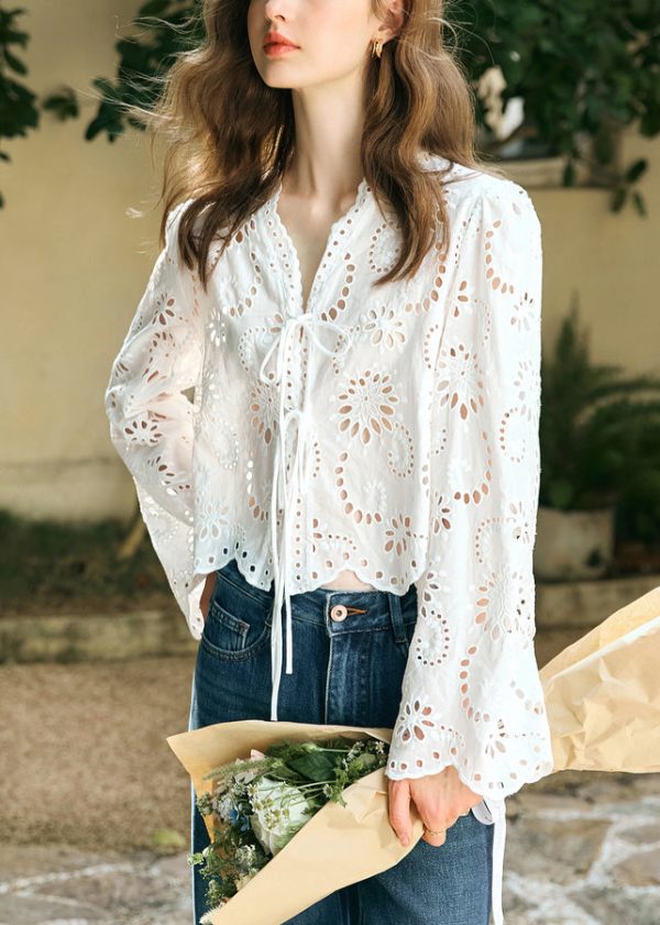 Stylish White V Neck Lace Up Hollow Out Cotton Shirt Spring - Image 4