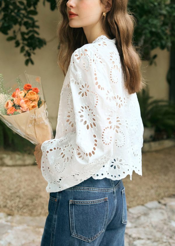 Stylish White V Neck Lace Up Hollow Out Cotton Shirt Spring - Image 5