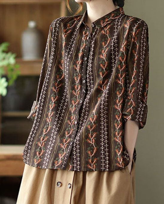 Stylish Chocolate button Peter Pan Collar Print Shirts Spring