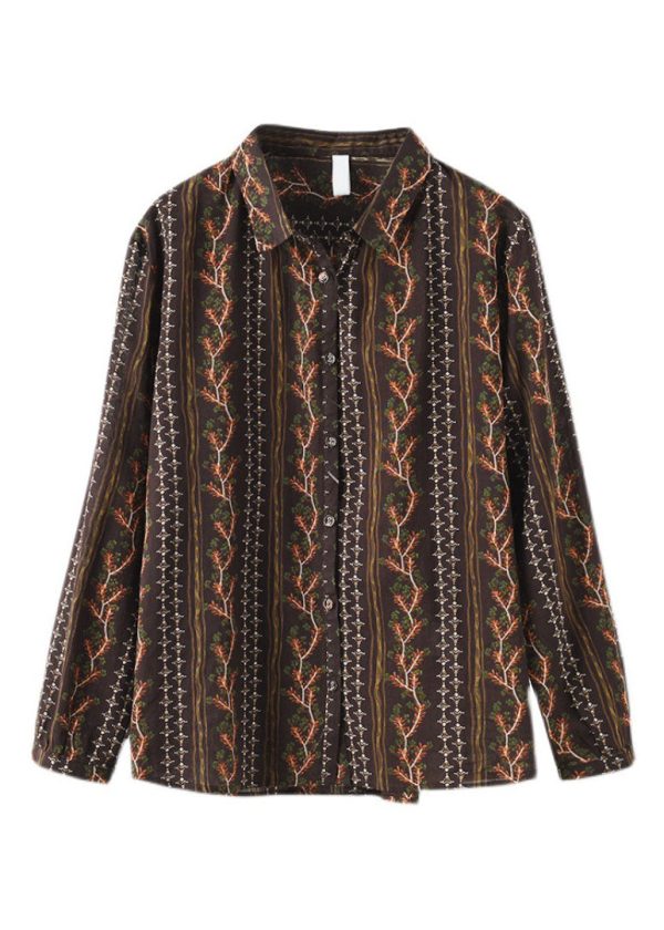 Stylish Chocolate button Peter Pan Collar Print Shirts Spring - Image 4