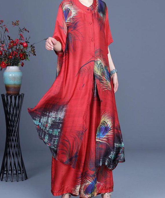 Summer 2025 Loose Silk Red Print Coat + Two Piece Pants