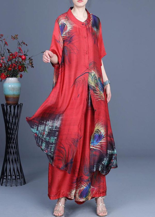 Summer 2025 Loose Silk Red Print Coat + Two Piece Pants