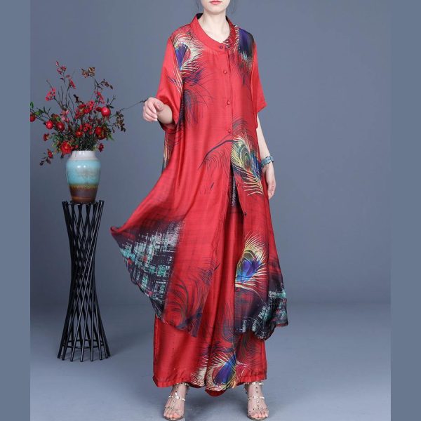 Summer 2025 Loose Silk Red Print Coat + Two Piece Pants - Image 5