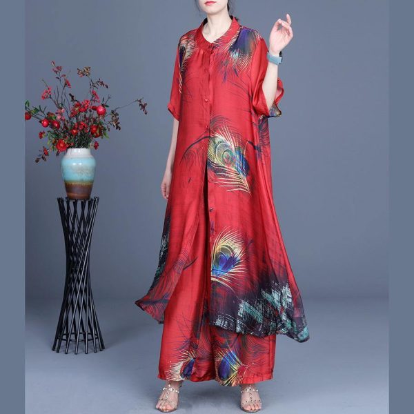 Summer 2025 Loose Silk Red Print Coat + Two Piece Pants - Image 2