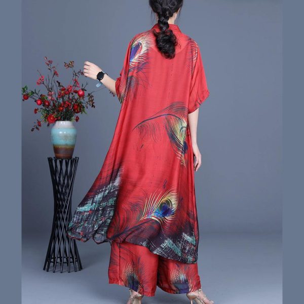 Summer 2025 Loose Silk Red Print Coat + Two Piece Pants - Image 4