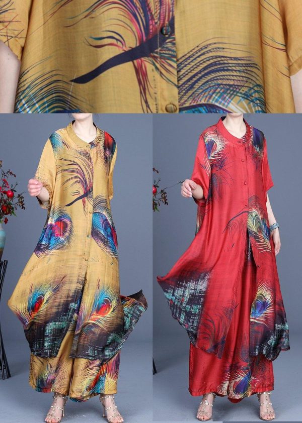 Summer 2025 Loose Silk Red Print Coat + Two Piece Pants - Image 6