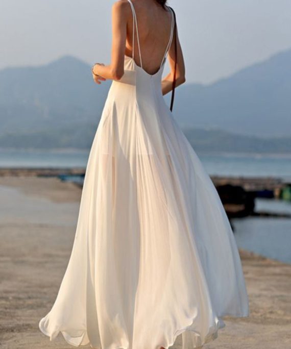 Summer White Vacation Style Backless Chiffon Spaghetti Strap Dress