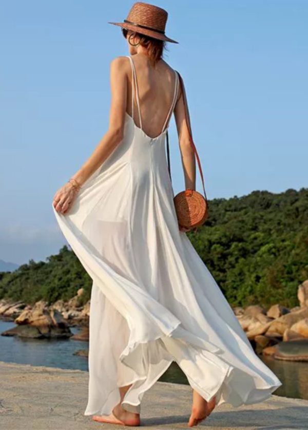 Summer White Vacation Style Backless Chiffon Spaghetti Strap Dress - Image 2