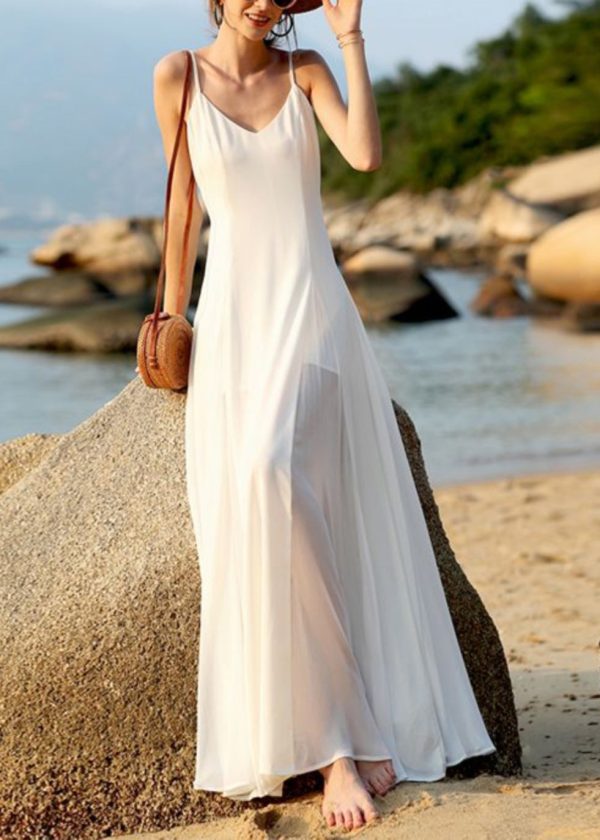 Summer White Vacation Style Backless Chiffon Spaghetti Strap Dress - Image 3