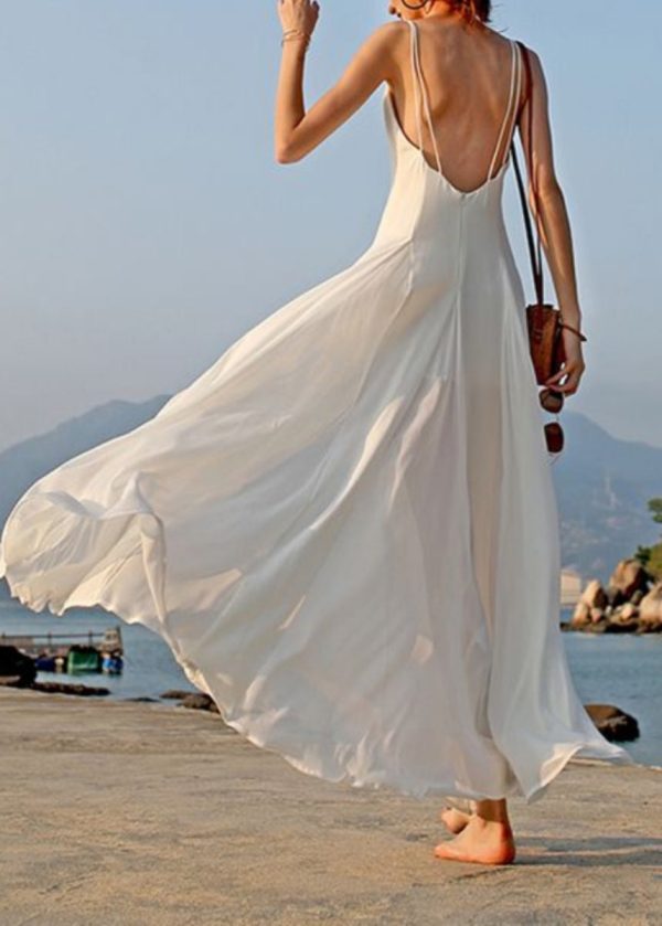 Summer White Vacation Style Backless Chiffon Spaghetti Strap Dress - Image 4