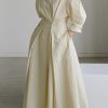 2025 Beige Peter Pan Collar Pockets Cotton Dress Long Sleeve
