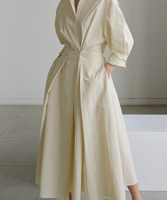 2025 Beige Peter Pan Collar Pockets Cotton Dress Long Sleeve