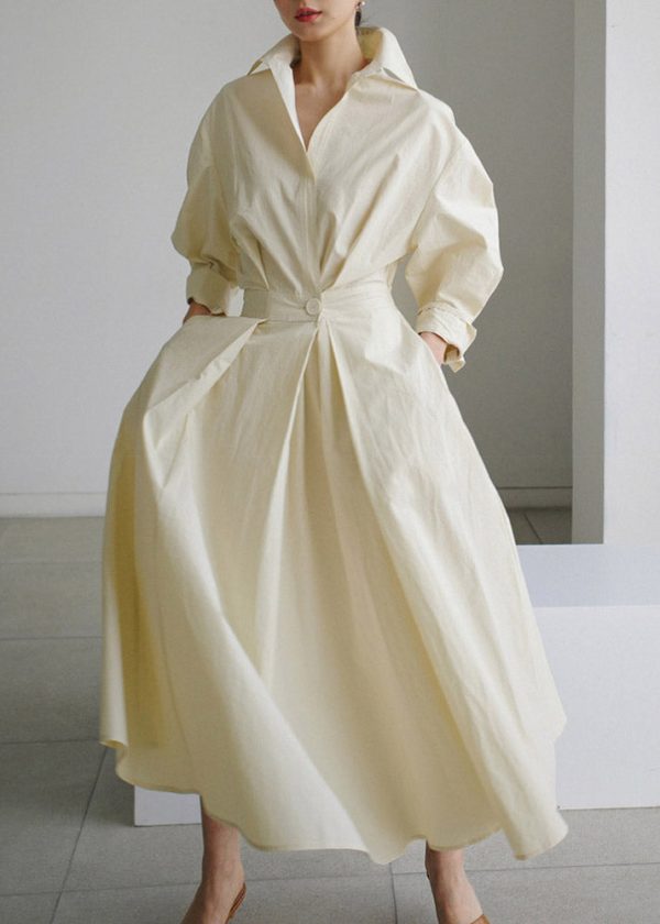 2025 Beige Peter Pan Collar Pockets Cotton Dress Long Sleeve - Image 2
