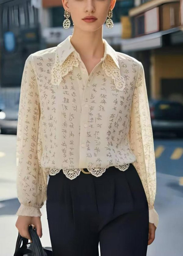 Unique Apricot Double-layer Patchwork Lace Chiffon Shirt Top Spring - Image 3