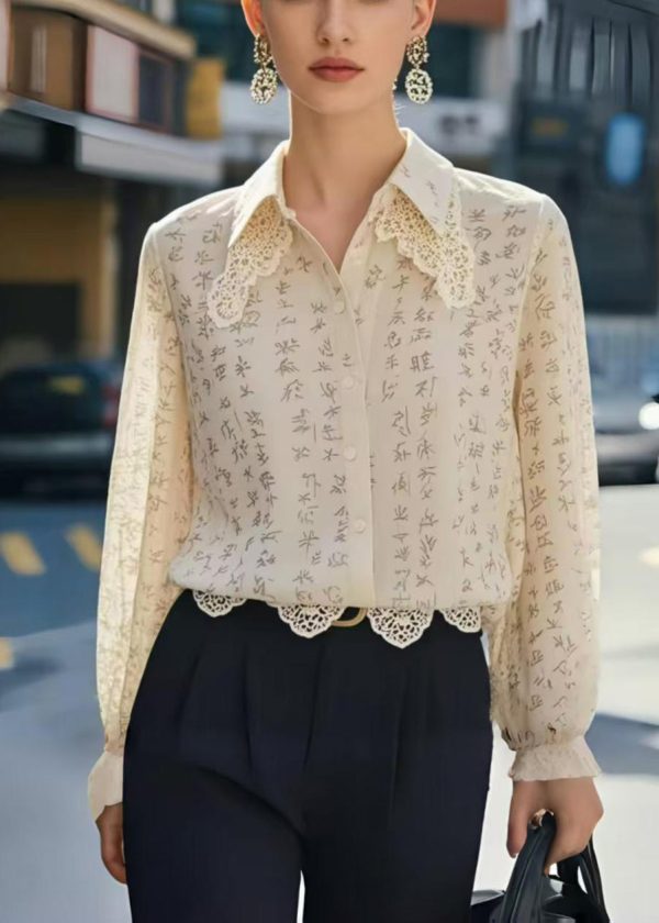 Unique Apricot Double-layer Patchwork Lace Chiffon Shirt Top Spring - Image 5