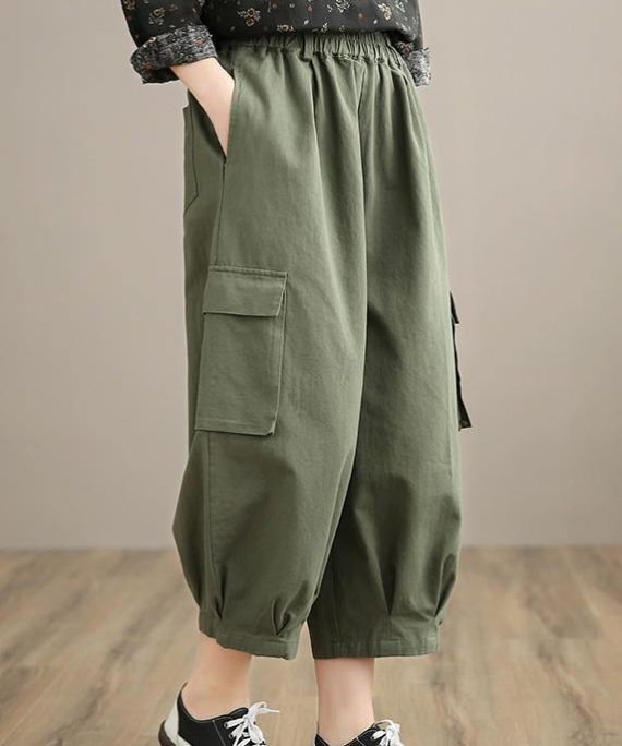 Unique Army Green High Waist Stylish Spring Elastic Waist Pockets Shape Wild Trousers
