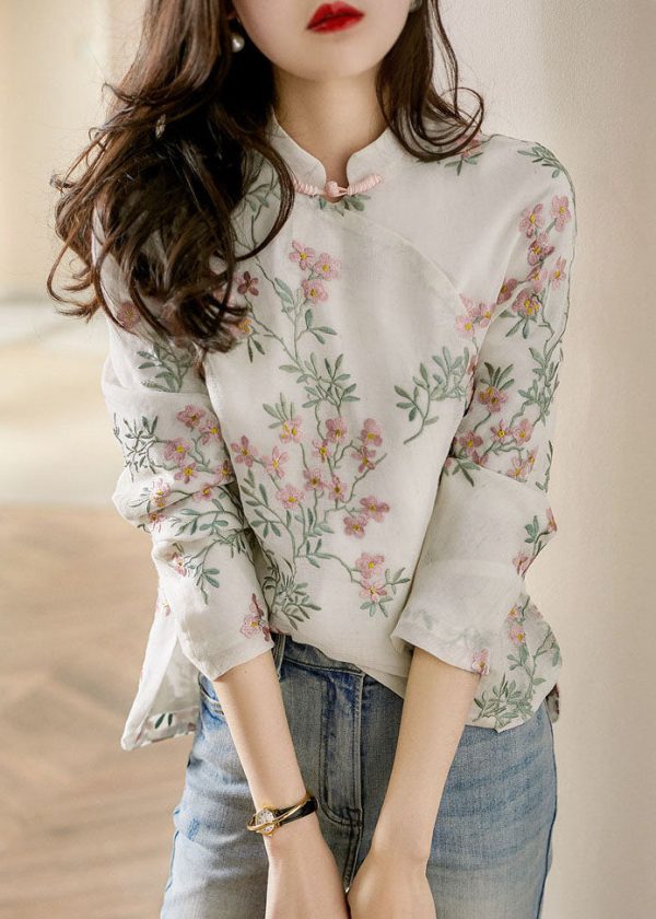 Unique Beige Print Linen Blouses Spring - Image 2